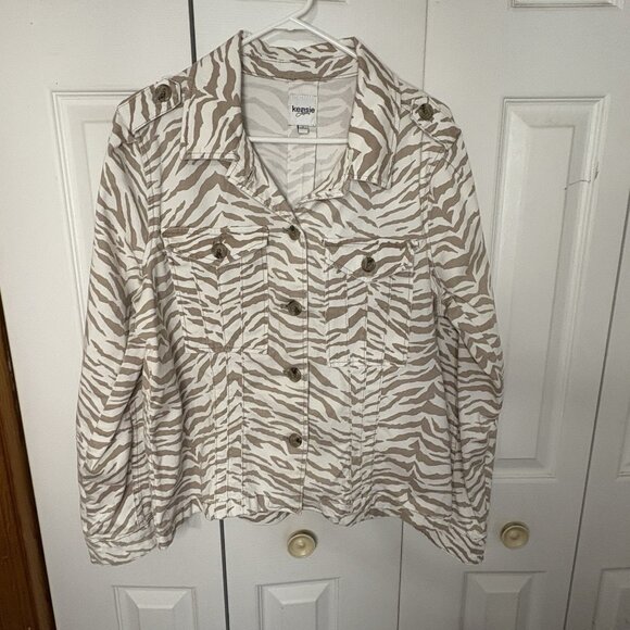 Kensie Jeans‎ Zebra Print Jean Jacket Large Epaulets Button Front Animal Safari - Picture 1 of 7